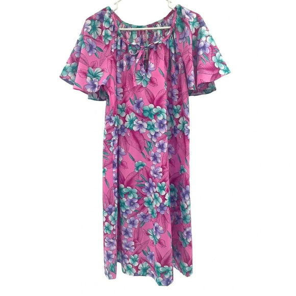 Hilo Hattie Floral Tropical Vintage Hawaiian Maxi Dress Pink size Medium